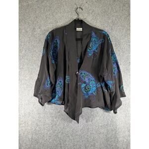 Chico's Top Women S/M 100% Silk Single Button Sheer Embroidered‎ Dark Fairy